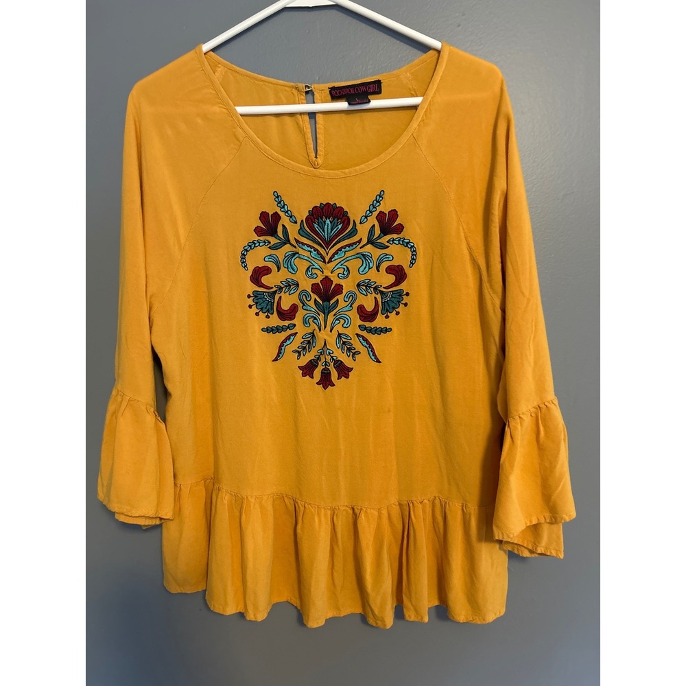 Rock & Roll Cowgirl Womens Mustard Yellow Embroidered Boho Peasant Blouse Y2K